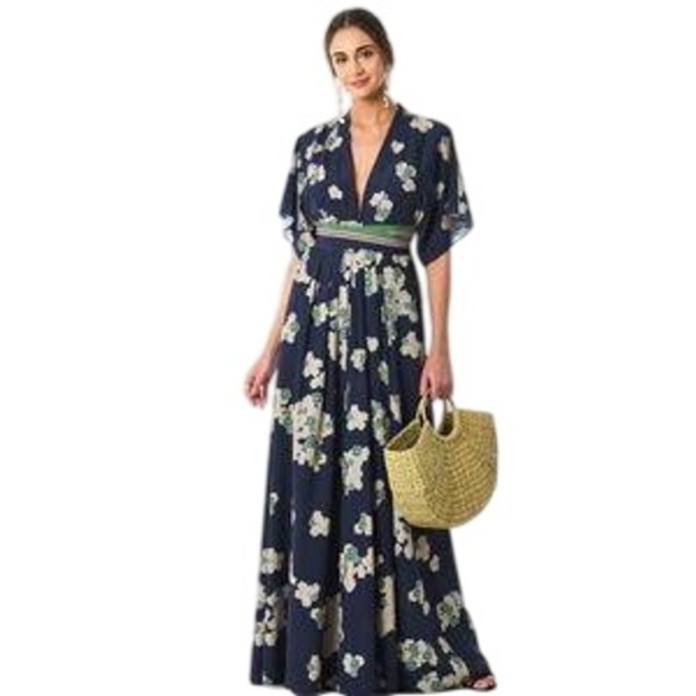 Wayward Fancies eShakti Maxi Dress Womens 1X Navy‎ Blue Floral Kimono Sleeve